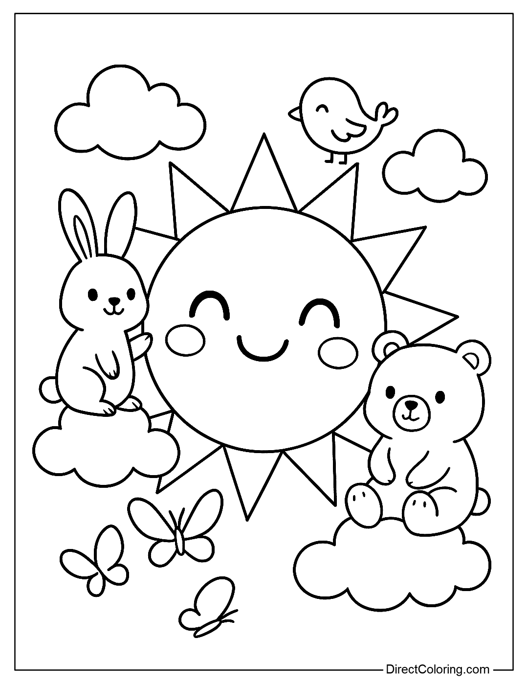 coloring page of the Sun smiling next to animal friends such as rabbits, birds, little bears, cartoon style